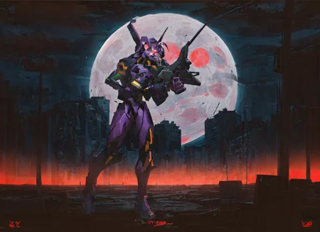 evaunitone, cannon, city, evangelion (mecha), glowing, glowing eyes, holding cannon, horns, mecha, moon, night, night sky, red eyes, robot, science fiction, single horn, sky, starry sky, weapon, eva 01, neon genesis evangelion, highres <lora:SD15_noise_offset:1> <lora:eva01_v2:0.7>