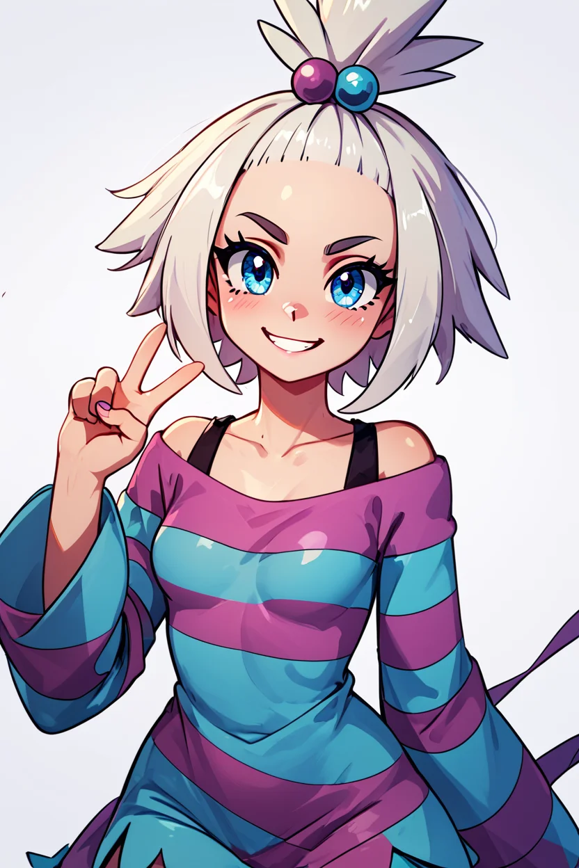 score_9, score_8_up, score_8, medium breasts, (curvy), cute, eyelashes, BREAK, , BREAK, zzRoxie, blue eyes, white hair, hair bobbles, topknot, striped dress, <lora:Roxie_Pokemon_PDXL_Citron:0.8>,, <lora:GoldenCAT_Lora_PDXL_v2:0.7>, (v),, BREAK, smile, looking at viewer, cowboy shot, embedding:zPDXL, Expressiveh, <lora:SDXLFaeTastic2400:0.5>, <lora:Expressive_H-000001:0.4>,