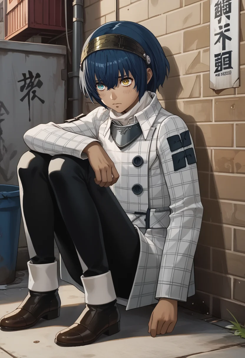 score_9, score_8_up, score_7_up, source_anime, 1boy, full body, sitting, knees up, sad, dirty clothes, <lora:ProtagonistMR-pdxl:1> protagonistMR, short hair, hair between eyes, hairband, heterochromia, yellow eyes, blue eyes, dark skin, plaid coat, collared jacket, black pants, boots, alley