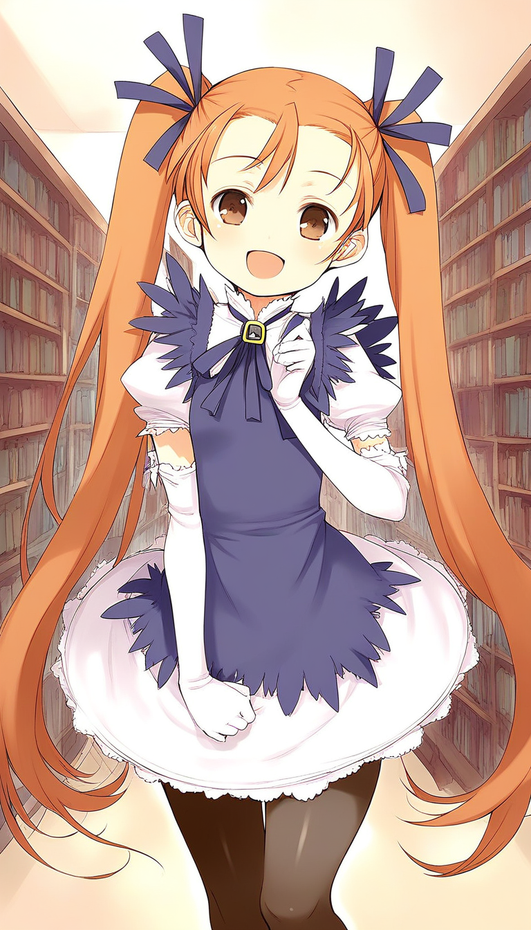score_9, score_8_up, score_7_up, source_anime, rating_explicit, BREAK  <lora:Aliese_Martini_Ver2.0_XL:1> Aliese_Martini, 1girl, solo, twintails, long hair, brown eyes, hair ribbon, orange hair, brown hair, short stack,
elbow gloves, dress, open mouth, smile, white gloves, ribbon, pantyhose, very long hair
library, room,
smile,
looking at viewer, 
cowboy_Shot,