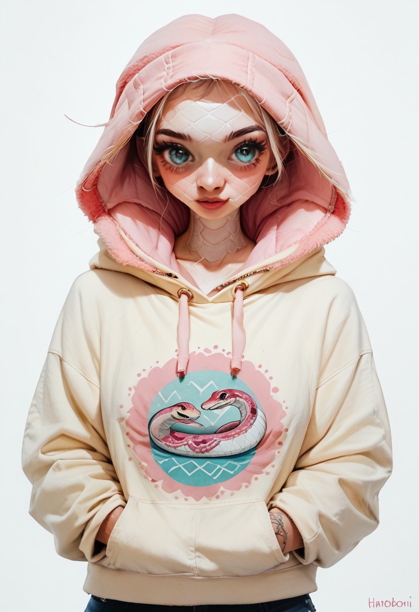 score_9, score_8_up, score_7_up, rating_questionable,score_9, score_8_up, score_7_up, BREAK,pink snake,pink and white scales,hood snake ,highly detailed,intricate details,warm and cozy,