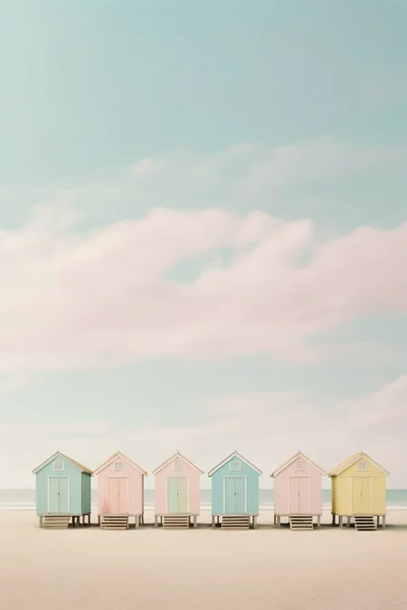 <lora:Akos Major style:1>Akos Major style - Imagine a scene right out of a Wes Anderson film, set on a quaint summer beach. Shot on a Canon EOS 5D Mark IV with a 35mm lens, the image is composed with Anderson's signature symmetrical style and pastel color palette. The frame is neatly divided by the horizon line, with pale, sandy beach below and a clear, turquoise sky above. The beach huts, painted in pastel pinks, blues, and yellows, line the shore, each with its own character, yet perfectly spaced for harmonious symmetry. The people are few and subtly staged, each engaging in whimsical beach activities that hint at unique, unspoken narratives. A striped beach umbrella, impeccably centered, anchors the scene, its bold lines contrasting with the softness of the environment. The bright, uniform lighting, achieved through meticulous post-production work, ensures no shadows disrupt the harmonious color scheme. The beach scene is not just a place, but a charming diorama of characters and colors, frozen in a moment of summertime bliss, as seen through the idiosyncratic lens of Wes Anderson