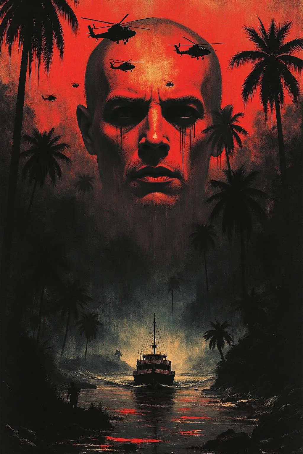 apoca1 illustration. A dramatic, surreal poster inspired by the film Apocalypse Now, featuring a large, ominous face illuminated in red and orange tones, blending into the background of a dark, eerie jungle. Helicopters fly in formation across the blood-red sky, while a riverboat sails through the misty waters below. The composition is intense and haunting, with an atmosphere of chaos and foreboding. The color palette is dominated by fiery reds, deep shadows, and golden highlights, evoking a sense of psychological tension and war's devastation <lora:apocalypse_now4_nocap_d4a2:0.8><lora:803164377898533981:0>