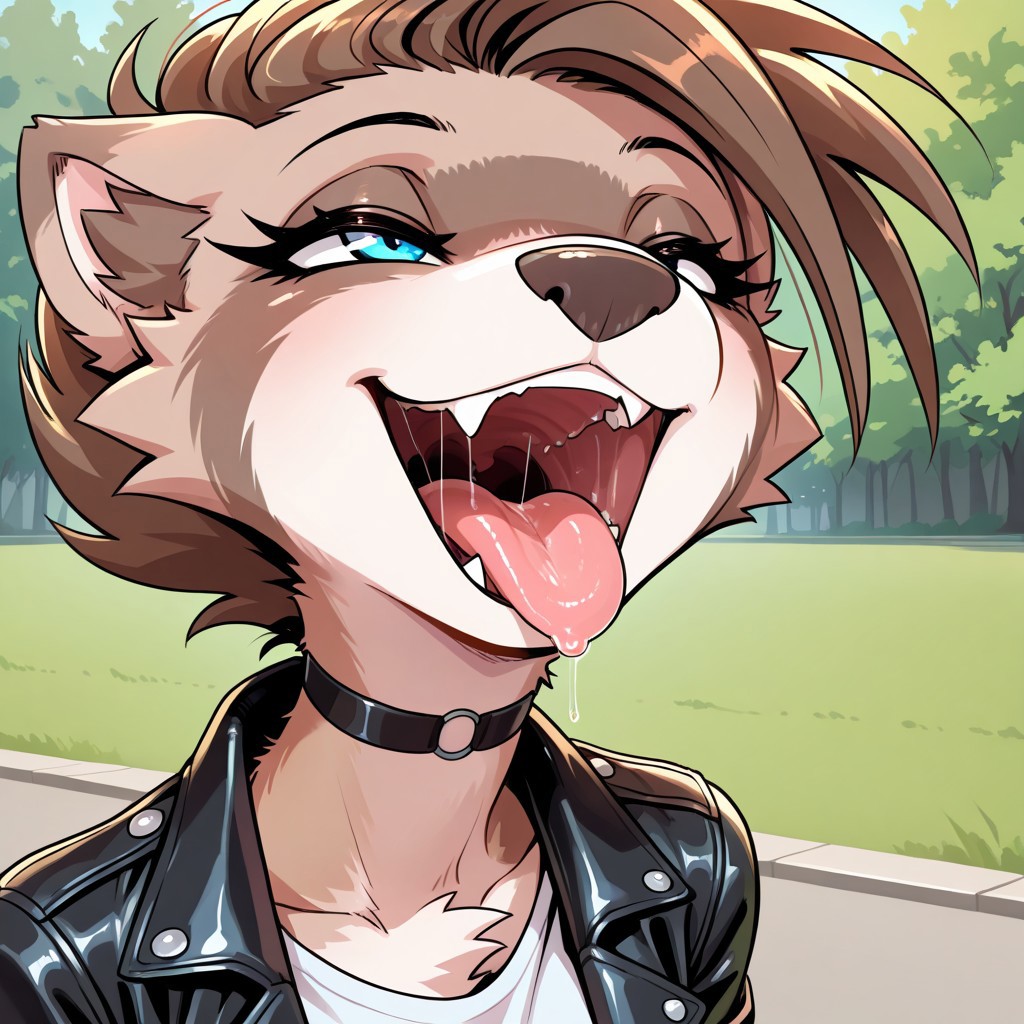 masterpiece, best quality, very aesthetic, absurdres,
outdoors, 
upper body, headshot, 
t-shirt, leather jacket, 
seductive smile, smile, smirk, grin, mouth shot, mawshot, open mouth, vore, imminent vore, oral invitation, saliva, tongue, throat, long eyelashes, face focus, closeup,
<lora:MiX_v01_NAIXL:1>
M1x,1girl,solo,furry,furry female,brown hair,short hair,blue eyes,snout,animal nose,fang,choker,body fur,two-tone fur,browm fur,claws,white fur,