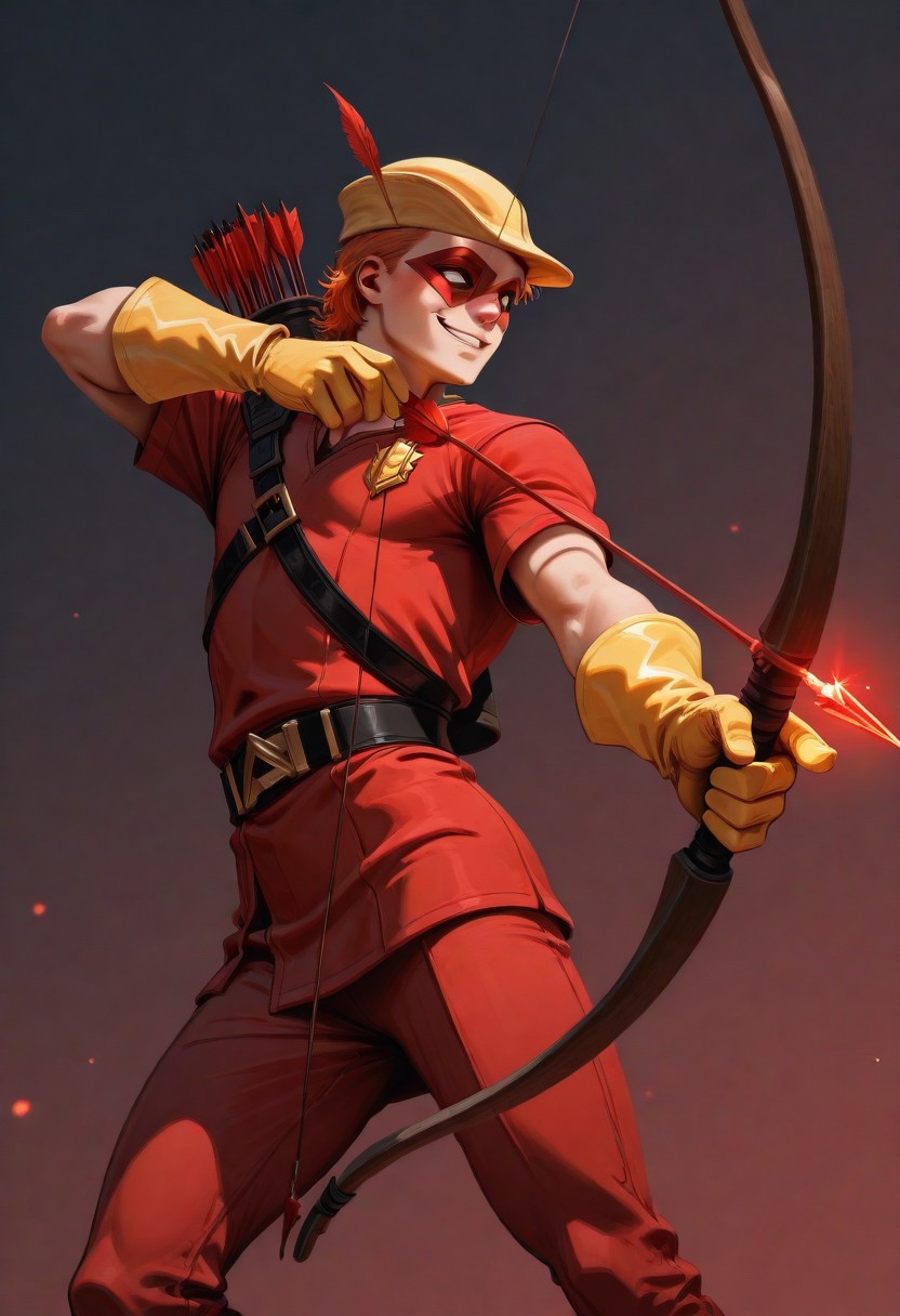 masterpiece, absurdres, high quality, perfect anatomy, 1boy, solo, cute boy, male focus, Speedy, Orange Hair, Domino Mask, White Eyes, Yellow Cap, Red Tunic, Tunic, Red Pants, Yellow Gloves, smug smile, parted lips, portrait, cinematic, intricately detailed illustration, depth of field, masterpiece, best quality, amazing quality, very aesthetic, absurdres, newest, very awa,  shadow, dynamic angle, casual cosplay, dynamic pose, simple background, red theme,  Bow (Weapon), Arrow (Projectile), Quiver on Back, Holding Bow, Drawing Bow, bow