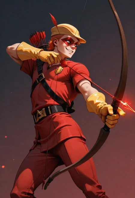 masterpiece, absurdres, high quality, perfect anatomy, 1boy, solo, cute boy, male focus, Speedy, Orange Hair, Domino Mask, White Eyes, Yellow Cap, Red Tunic, Tunic, Red Pants, Yellow Gloves, smug smile, parted lips, portrait, cinematic, intricately detailed illustration, depth of field, masterpiece, best quality, amazing quality, very aesthetic, absurdres, newest, very awa, shadow, dynamic angle, casual cosplay, dynamic pose, simple background, red theme, Bow (Weapon), Arrow (Projectile), Quiver on Back, Holding Bow, Drawing Bow, bow