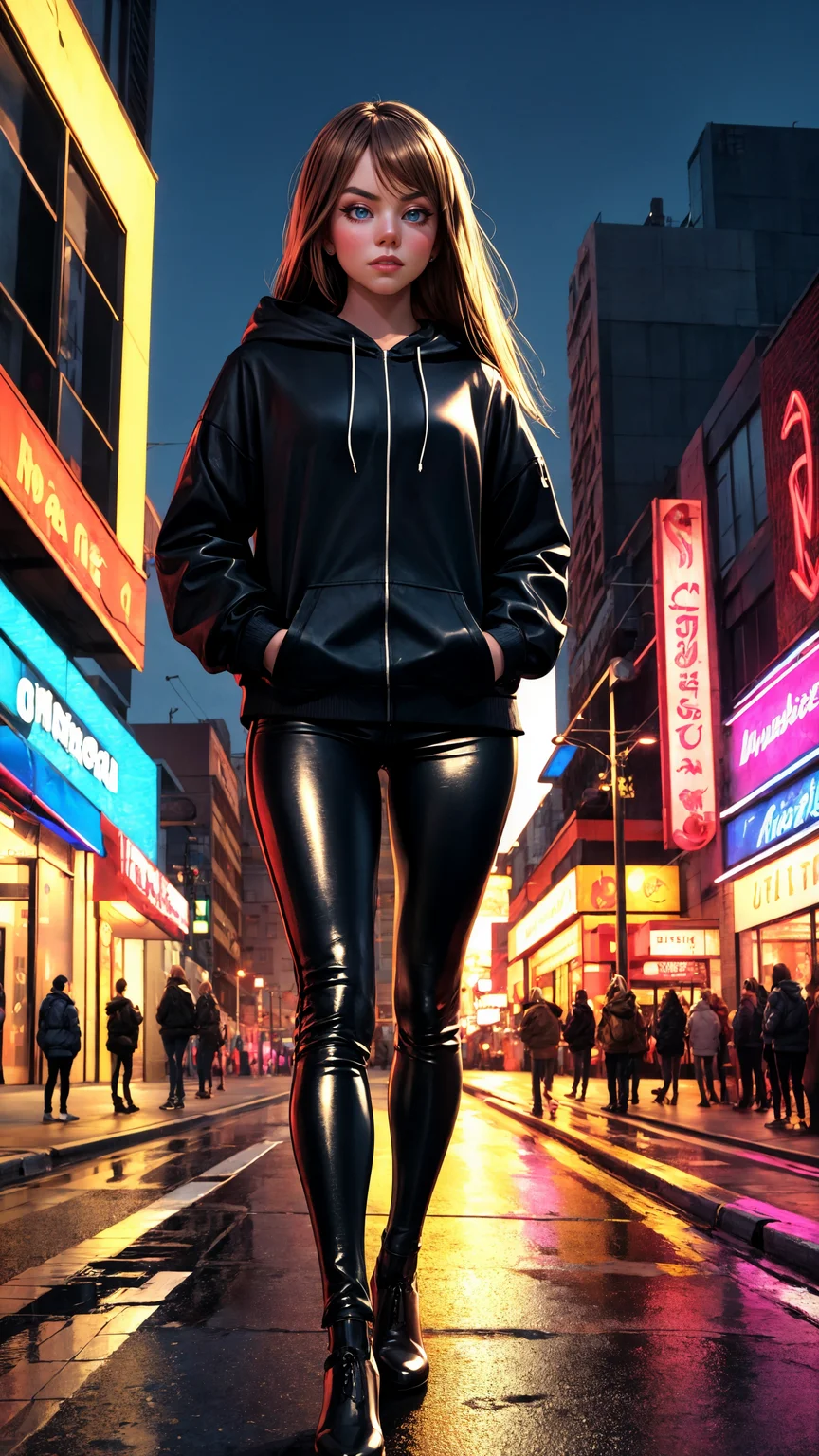 sydsweeney97, 3d background,
3D, ultra realistic, urban girl, standing with hands in pockets, serious expression, long flowing brown hair, golden hoodie, black leather pants, night cityscape, glowing neon lights, detailed urban environment, soft natural light, flawless anatomy, exceptionally detailed hands, stunning and enchanting lighting, bright and fantastical colors
<lora:add_detail:0.4>