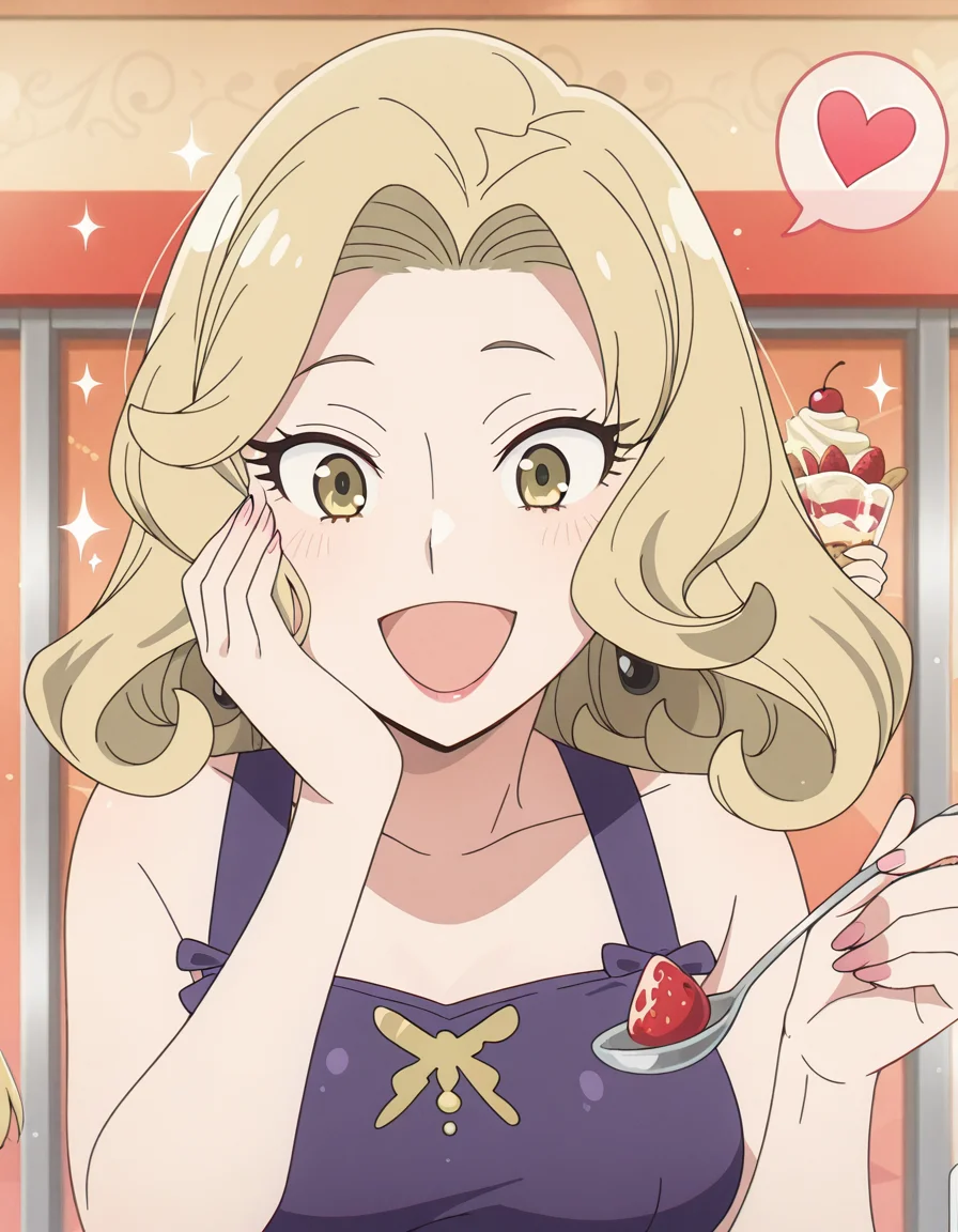 masterpiece, best quality, amazing quality,, <lora:spyxfamily-camilla-anime-illustriousxl-lora-nochekaiser:1>, camilla, camilla (spy x girl), blonde hair, yellow eyes, medium hair, eyelashes, mature female, medium breasts, anime screencap,, <lora:parfait-illustriousxl-lora-nochekaiser:1>, parfait, open mouth, heart, food, sparkle, fruit, happy, hand on own face, spoken heart, ice cream, strawberry, spoon, hand on own cheek, cherry, holding spoon, , ,