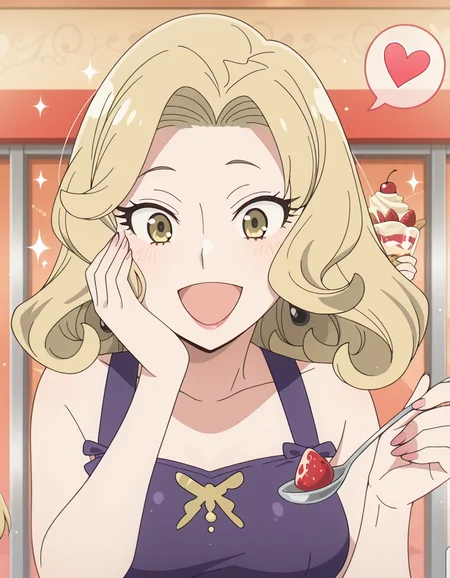 masterpiece, best quality, amazing quality,, <lora:spyxfamily-camilla-anime-illustriousxl-lora-nochekaiser:1>, camilla, camilla (spy x girl), blonde hair, yellow eyes, medium hair, eyelashes, mature female, medium breasts, anime screencap,, <lora:parfait-illustriousxl-lora-nochekaiser:1>, parfait, open mouth, heart, food, sparkle, fruit, happy, hand on own face, spoken heart, ice cream, strawberry, spoon, hand on own cheek, cherry, holding spoon, , ,