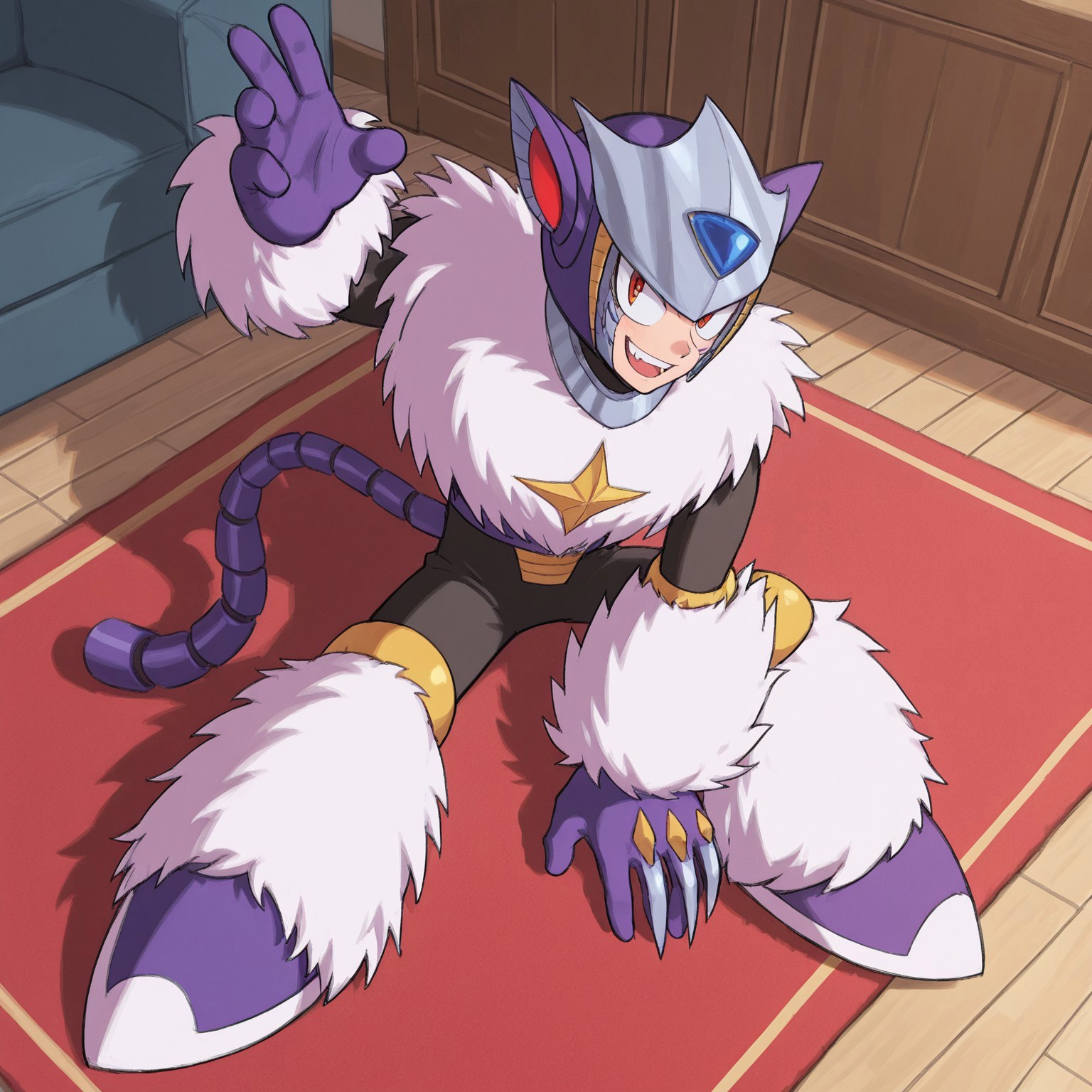 Solo, 2d, 1boy, MMPluto, male, android, humanoid, feline, cat-like ears, red inner ears, mechanical tail, fluffy, white fur pelt, fur trim, white fur, black arms, purple top, black bottoms, white and purple boots, helmet, red eyes, purple gloves, claws, 

BREAK sitting on rug, from above, arms in front, looking at viewer, smiling, happy, indoors, living room

BREAK best quality, amazing quality, very aesthetic, absurdres, newest, masterpiece, high quality