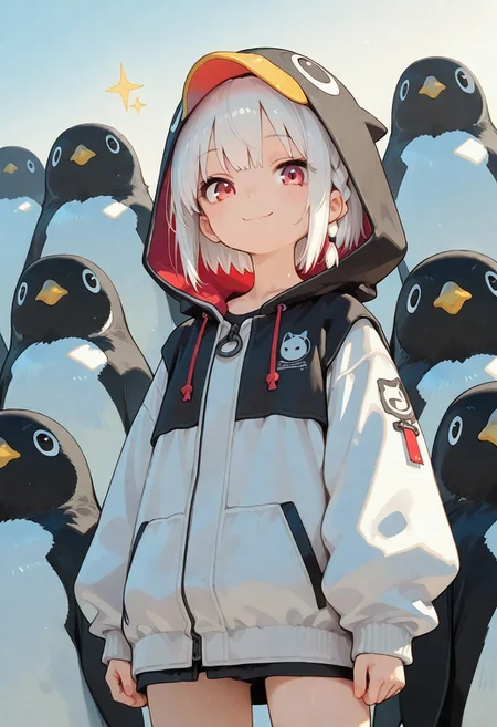 4K, finely detailed, masterpiece, intricate details, beautiful detailed, delicate, best quality, ray tracing,
1girl, solo, white hair, short hair, braid, red eyes, eye focus, sparkle, penguin hood, hooded jacket, hood up, cute smile, cute looking, looking at viewer, S4bit4mago_illu, too many, animal, anime style, penguins, cowboy shot,
outdoor, daylight, sunshine, icy,