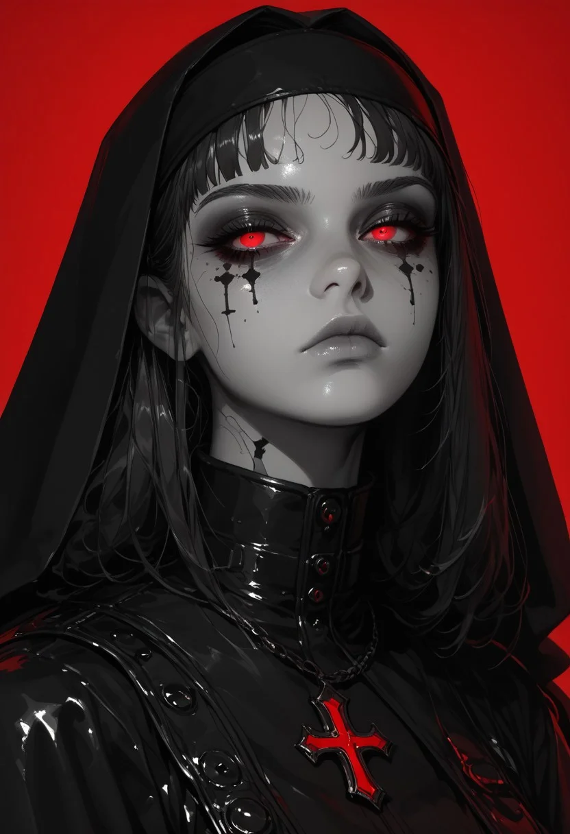 **masterpiece, score_9, score_8_up, hyper-detailed, 8K, full body illustration, regal medieval clothing, robe, long black hair, chromecore, metallic silver skin, red background, sinozick style, flat color, simple background, dark and blue tones, vibrant colors, colorful, expressionless, serious, dark vibes, dark fantasy, armor details, monochrome highlights, colored skin, gradient effects, mythp0rt, polished textures, dramatic lighting, surreal elegance, intricate details, minimalistic backdrop, striking composition, ethereal glow, moody aesthetic** morimee_style, cute face, nun,latex,bdsm outfit, sinozick style, flat color, dark theme