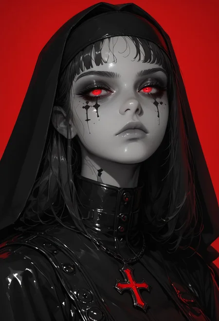 **masterpiece, score_9, score_8_up, hyper-detailed, 8K, full body illustration, regal medieval clothing, robe, long black hair, chromecore, metallic silver skin, red background, sinozick style, flat color, simple background, dark and blue tones, vibrant colors, colorful, expressionless, serious, dark vibes, dark fantasy, armor details, monochrome highlights, colored skin, gradient effects, mythp0rt, polished textures, dramatic lighting, surreal elegance, intricate details, minimalistic backdrop, striking composition, ethereal glow, moody aesthetic** morimee_style, cute face, nun,latex,bdsm outfit, sinozick style, flat color, dark theme