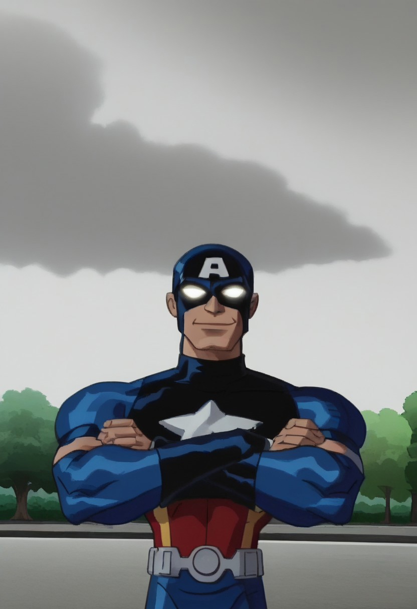 animated screencap, anime screencap, cap7ain_am3r1ca,1boy,solo,mask,white eyes,no pupils,blue bodysuit,muscular male,superhero,day, closed mouth,cloud,,upper body,smile,crossed arms, evening, cowboy shot, park,