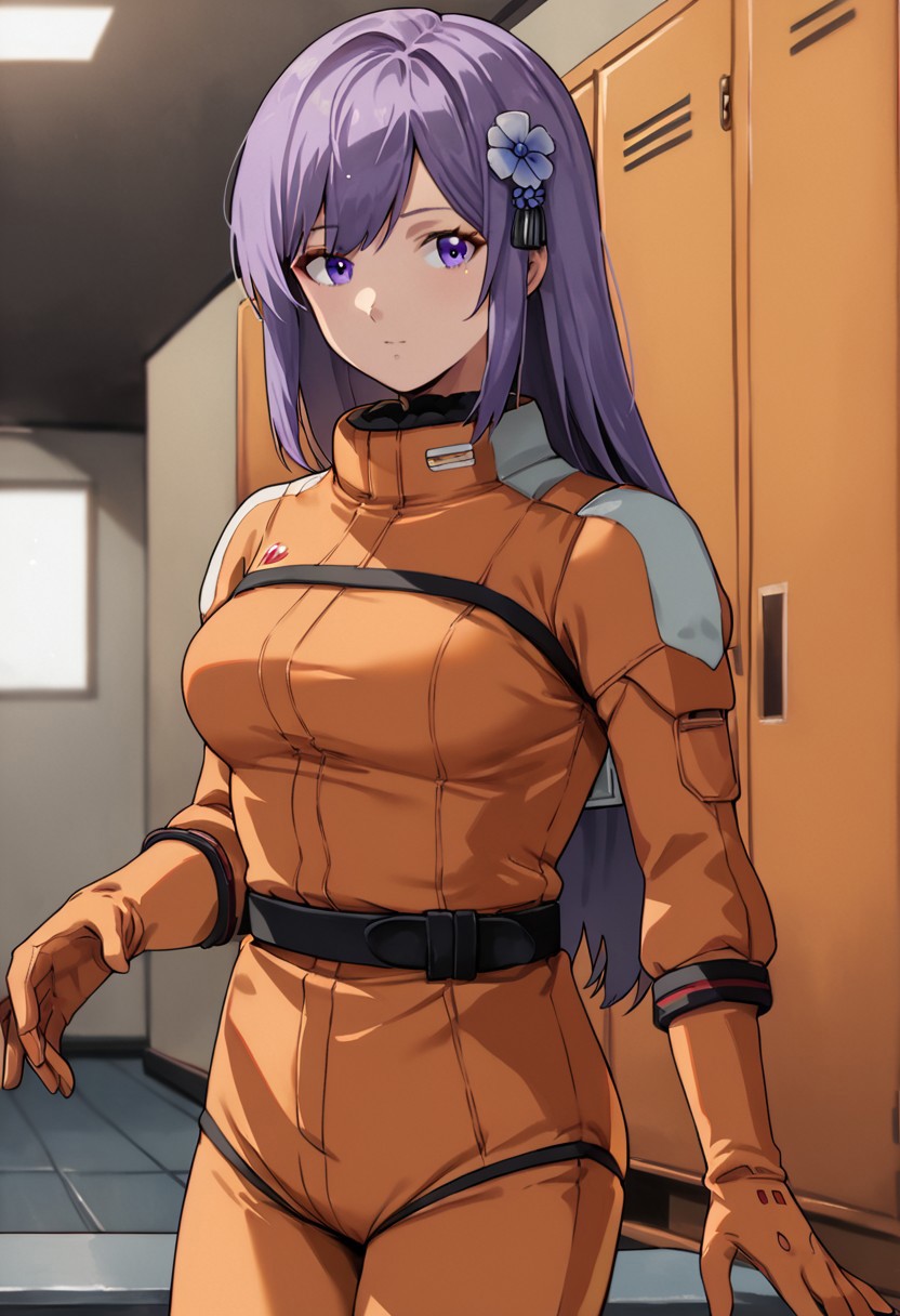 zPDXL3, asano_ruri, purple eyes,  long hair, purple hair, hair ornament,  virtual youtuber,bangs,hair flower, medium breasts,orange spacesuit, orange gloves, grey belt,cowboy shot, locker room, looking at viewer