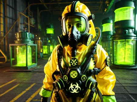 <lora:nuclearhazard_Xl:0.8>,nuclearhazard,
1girl,solo,hazmat suit,gasmask,nuclear power plant,yellow and green fluid,translucent containers