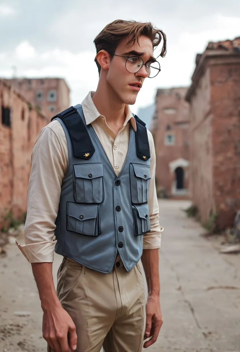 score_9, score_8_up, score_7_up, BREAK , (Milothatch, glasses, 1boy, solo), pants pulled down, unbuttoned pants, police uniform, bulletproof vest, long flaccid penis, highly detailed, detailed skin,