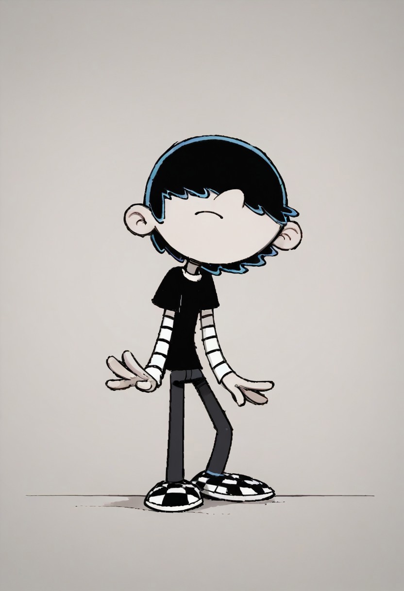 (score_9 | score_8_up | score_7_up) ((masterpiece:1))(best quality,very high quality,ultra detailed:1.2) (2D,cartoon style,anime style)(Smooth:2)(clean blurring) (four fingers on each hand,one thumb on each hand:1), Lars Loud, solo, 1boy, black hair, hair covers his eyes, pale grey skin, black shirt over a white turtleneck with black stripes, black pants, black And white checkered shoes
