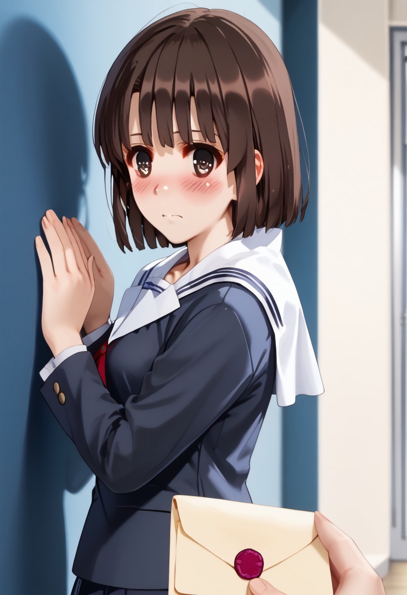 score_9, score_8_up, score_7_up, source_anime, <lora:Fixhands_anime_bdsqlsz_V1:1>, <lora:Expressive_H:0.62>, Expressiveh,
masterpiece, highres, ultra detailed, best quality, extremely detailed face, perfect lighting, 1girl, solo,
beautiful skin, shiny hair, shiny eyes, detailed eyes, megumi katou, brown hair, brown eyes, short hair, medium breasts, (blush:1.4),
standing, back against wall, embarrassed face, brown eyes, bangs, school uniform,serafuku,sailor collar,pleated skirt,dark blue shirt,long sleeves, fingernails, solo focus, upper body, indoor, pov,
<lora:refusing pose_pony_V1.0:0.6>, refusing pose, hands up,BREAK,
letter, PovGifting, pov hands, holding letter, love letter