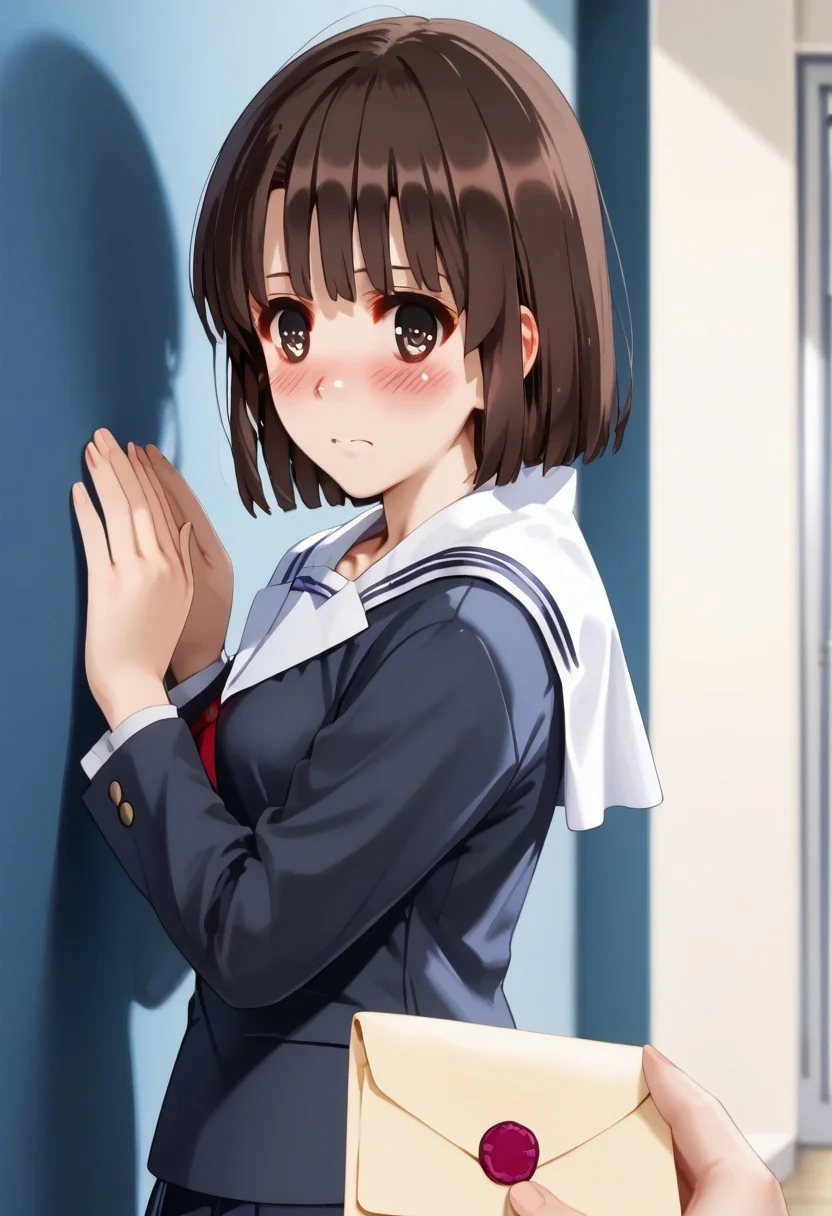 score_9, score_8_up, score_7_up, source_anime, <lora:Fixhands_anime_bdsqlsz_V1:1>, <lora:Expressive_H:0.62>, Expressiveh,
masterpiece, highres, ultra detailed, best quality, extremely detailed face, perfect lighting, 1girl, solo,
beautiful skin, shiny hair, shiny eyes, detailed eyes, megumi katou, brown hair, brown eyes, short hair, medium breasts, (blush:1.4),
standing, back against wall, embarrassed face, brown eyes, bangs, school uniform,serafuku,sailor collar,pleated skirt,dark blue shirt,long sleeves, fingernails, solo focus, upper body, indoor, pov,
<lora:refusing pose_pony_V1.0:0.6>, refusing pose, hands up,BREAK,
letter, PovGifting, pov hands, holding letter, love letter