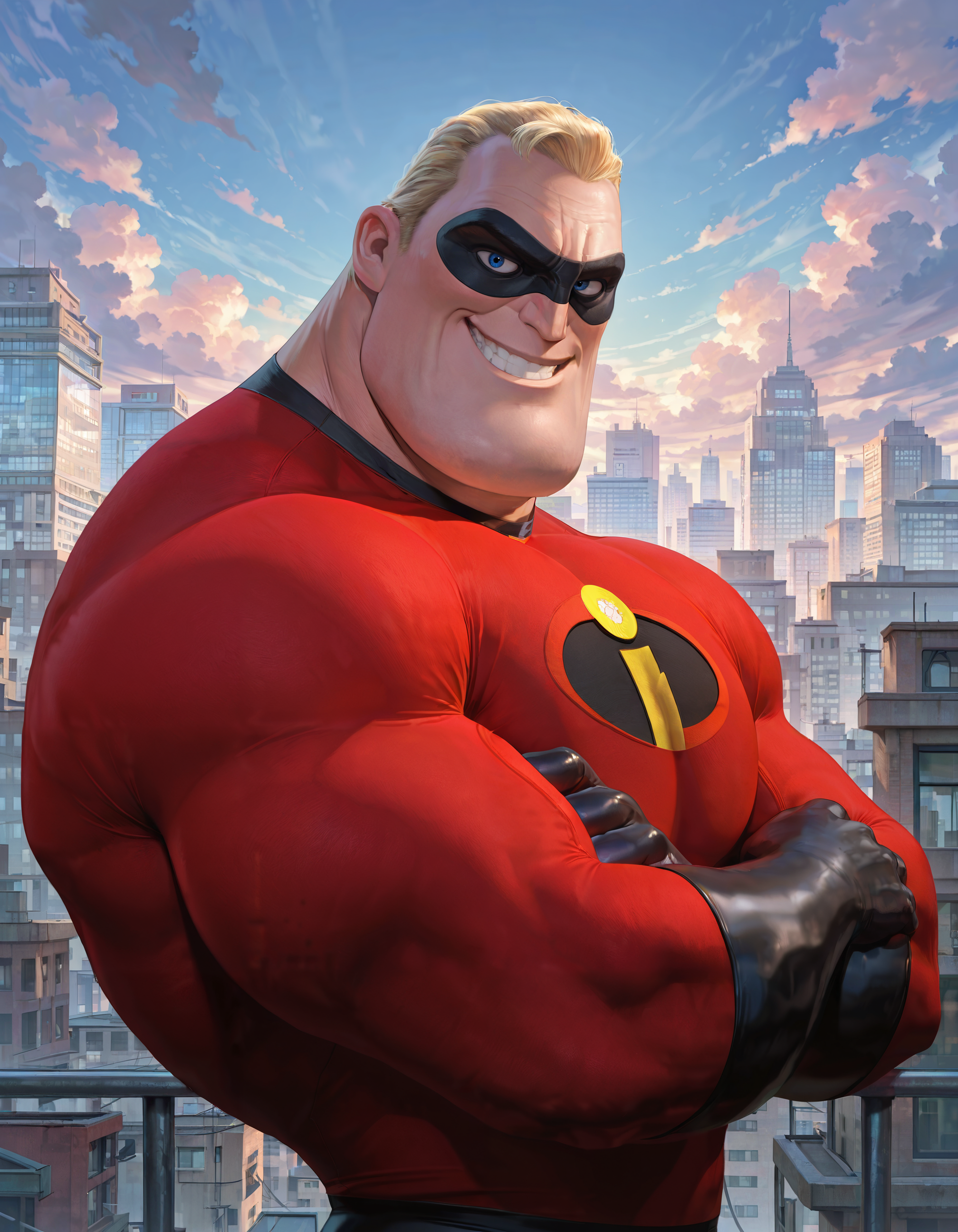 b0b p4rr, male focus, from side, mature male, portrait, upper body arms crossed, city background, rooftops, clouds, looking at viewer, smile, teeth, determined expression