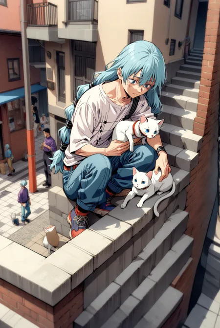 1boy, male focus, mahito \(jujutsu kaisen\), jujutsu kaisen , (90s anime style:1.5), front view, outdoors, street view, (looking down:1.3), perfecteyes, isometric, sitting on stairs, shirt, denim shorts, 1 white cat sitting next to them, petting the cat <lora:detailed_notrigger:1> <lora:ParchartXL_CODA:0.2> <lora:Isometric Cutaway:1> <lora:PerfectEyesXL:1> <lora:ral-drptpl:0.1> <lora:FILM_PHOTOGRAPHY_STYLE:0.6> <lora:Surreal Harmony:0.2>