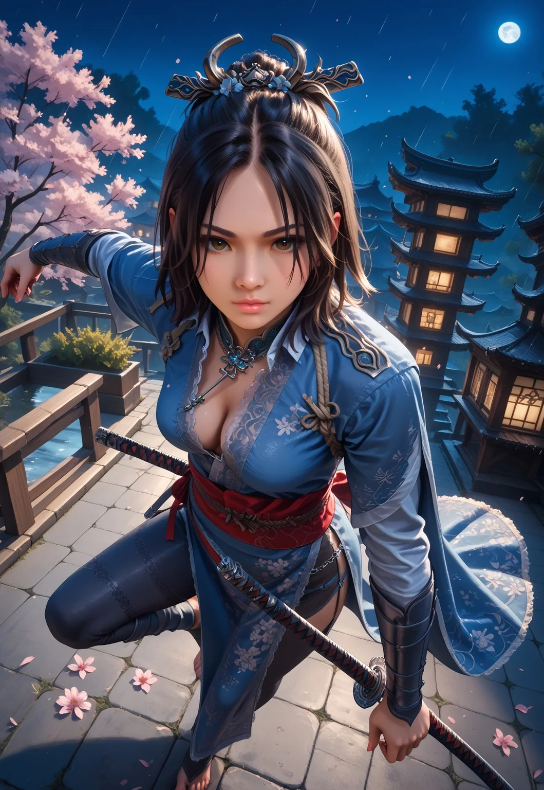 score_9, score_8_up, score_7_up, zPDXL3, Photorealistic, real photo, realistic, dynamic pose, dramatic angle, dramatic light, wide shot,
1girl, Naoe, brown eyes, short black hair, (((blue))) wavemother_robe, baldurs_gate3, ((blue)) dress, side slit, belly chain, cleavage, center opening, arm guards, sexy, slim body, athletic body, ((medium breasts)), ((barefoot)), jewelry, plunging neckline, long legs, slender posture, hourglass figure, parted lips, scenery, seductive pose, <lora:Wavemother_robe:1>, ((oriental ornament:1.4)), looking at viewer, eager, flirty eyes, adorable girl, perfect face, ((dynamic pose, dramatic angle)), ((wielding a katana, flying attack pose, from above, focus katana close in front))
confident look, night time, raining outside, (detailed background: sakura tree, night time, at night, feudal japan, darkness, moon, village, vista, cherry blossoms)