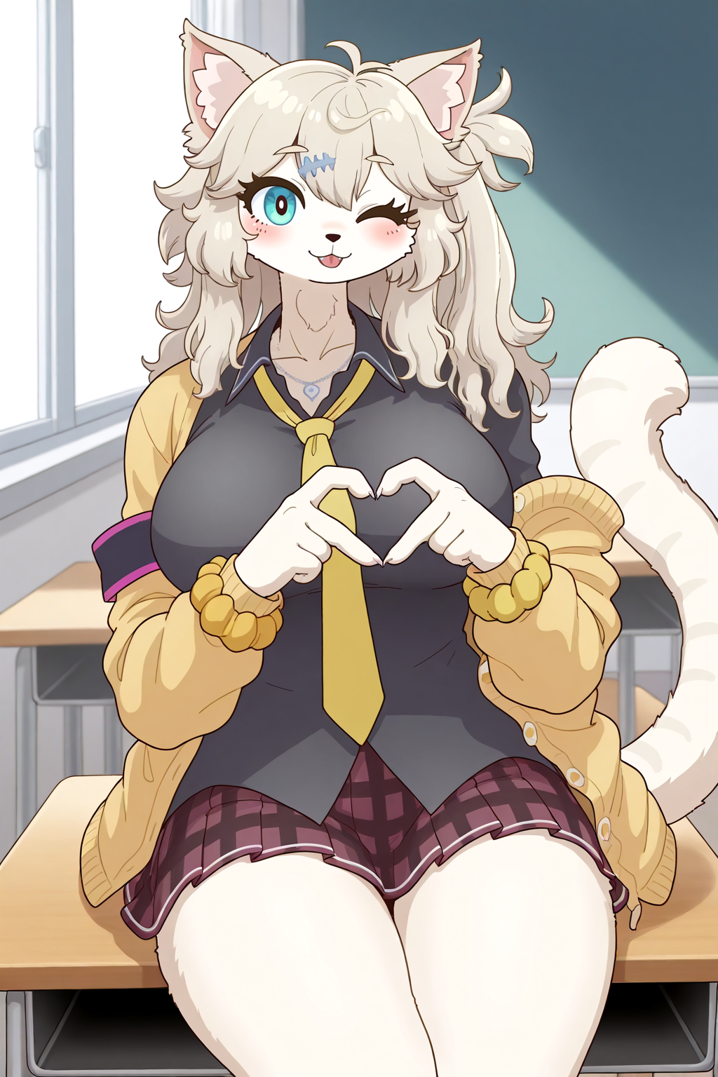 masterpiece,best quality,amazing quality,absurdres,
catkasukabetsumugi, fang, hairclip, large breasts, claws,
animal ears, animal nose, animal ear fluff, animal feet, animal hands,  five fingers, fluffy legs, cat tail,
necklace,
black shirt, untucked shirt,
yellow necktie, yellow cardigan, single off-shoulder cardigan, , armband over cardigan,
yellow wrist scrunchie
purple pleated miniskirt,
<lora:CatKasukabeTsumugi-IL-v1-rev3-000015:1>
wink, blush, cowboy shot, 4-finger heart hands, school, classroom,