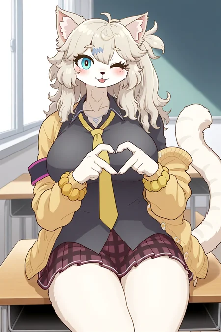 masterpiece,best quality,amazing quality,absurdres,
catkasukabetsumugi, fang, hairclip, large breasts, claws,
animal ears, animal nose, animal ear fluff, animal feet, animal hands, five fingers, fluffy legs, cat tail,
necklace,
black shirt, untucked shirt,
yellow necktie, yellow cardigan, single off-shoulder cardigan, , armband over cardigan,
yellow wrist scrunchie
purple pleated miniskirt,
<lora:CatKasukabeTsumugi-IL-v1-rev3-000015:1>
wink, blush, cowboy shot, 4-finger heart hands, school, classroom,
