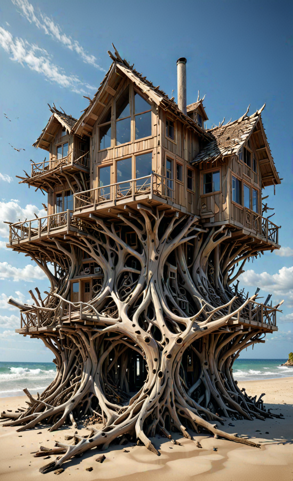 organic, tropical beach house, uneven, unconventional, modern architecture made of driftwood house on stilts, chaotic, organic design, bezier, <lora:Driftwood_Detailed_Art_-_By_DICE:1>, (Very Intricate), Epic, <lora:3D_Framed_Wall_Art_-_By_DICE:0.6>,(3D Framed, Macabre), UHD