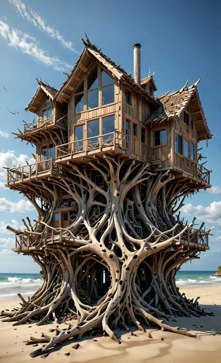 organic, tropical beach house, uneven, unconventional, modern architecture made of driftwood house on stilts, chaotic, organic design, bezier, <lora:Driftwood_Detailed_Art_-_By_DICE:1>, (Very Intricate), Epic, <lora:3D_Framed_Wall_Art_-_By_DICE:0.6>,(3D Framed, Macabre), UHD