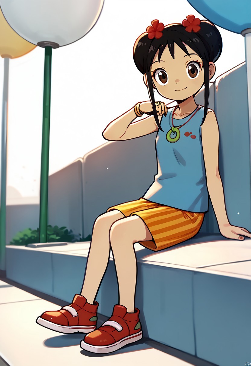 score_9, score_8_up, score_7_up BREAK Kailan, 1girl, black hair, odango hairstyle, brown eyes, red flower-hairclips, light blue tank top, red necklace with gold ring, vertical stripes orange shorts, red shoes with white accents, smiling at viewer, full body,