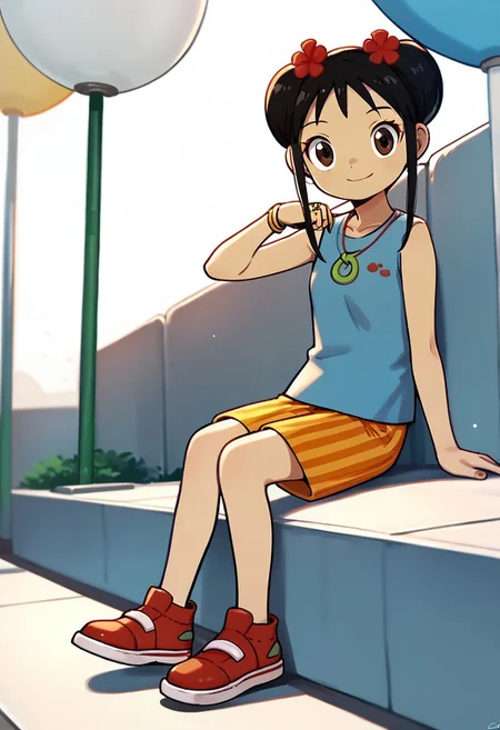 score_9, score_8_up, score_7_up BREAK Kailan, 1girl, black hair, odango hairstyle, brown eyes, red flower-hairclips, light blue tank top, red necklace with gold ring, vertical stripes orange shorts, red shoes with white accents, smiling at viewer, full body,