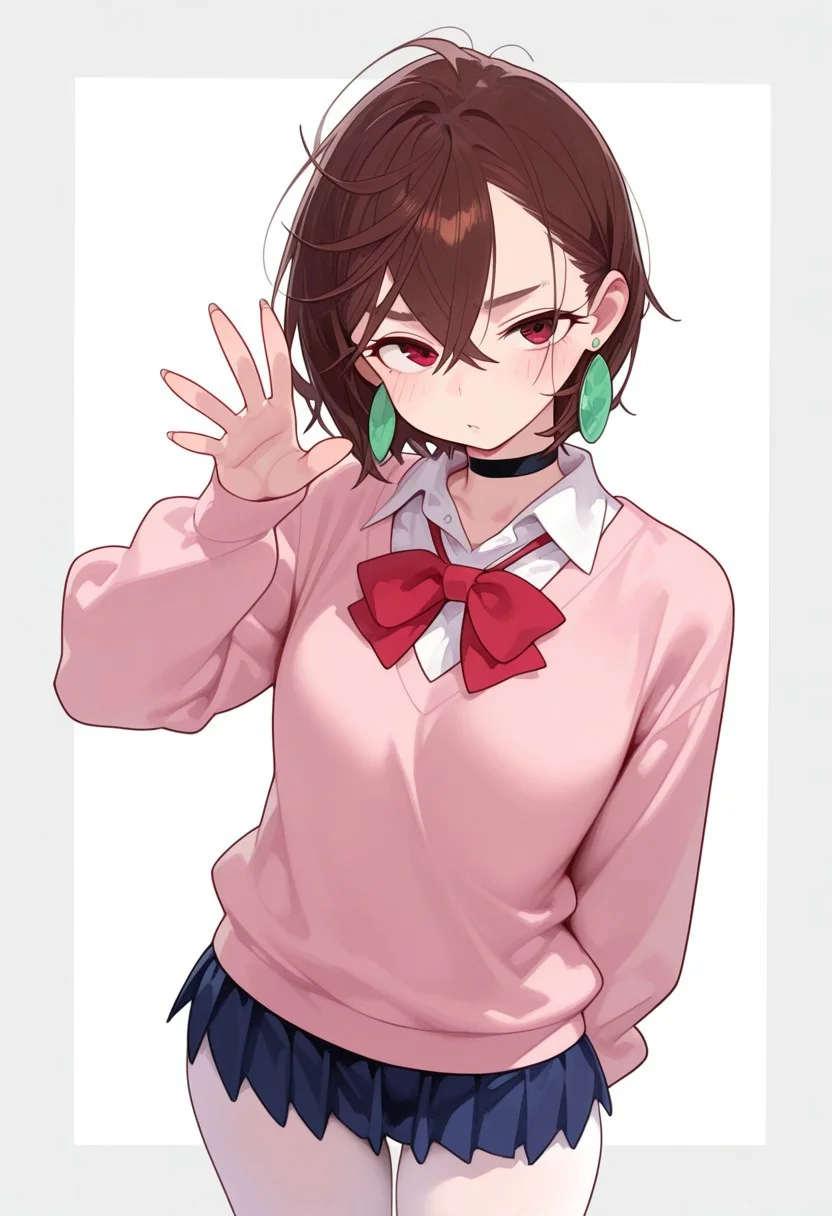 very awa, masterpiece, good aesthetic, best quality, absurdres,  hyper details, beautiful, gorgeous, very awa, masterpiece, good aesthetic, best quality, absurdres, nyalia, pureerosface_v1 easynegative, [:(detailed face:1.2):0.2], 
Ultra detailed body, extremely squishy skin, Soft skin, pure skin, smooth skin, squishy skin, matte skin,
ayasemomo, hair between eyes, crossed bangs, green earrings,  brown hair, red eyes, black choker, short hair, white shirt, red bowtie,pleated skirt,school uniform, pink cardigan, long sleeves
shiblkhose, white pantyhose, fine fabric emphasis,