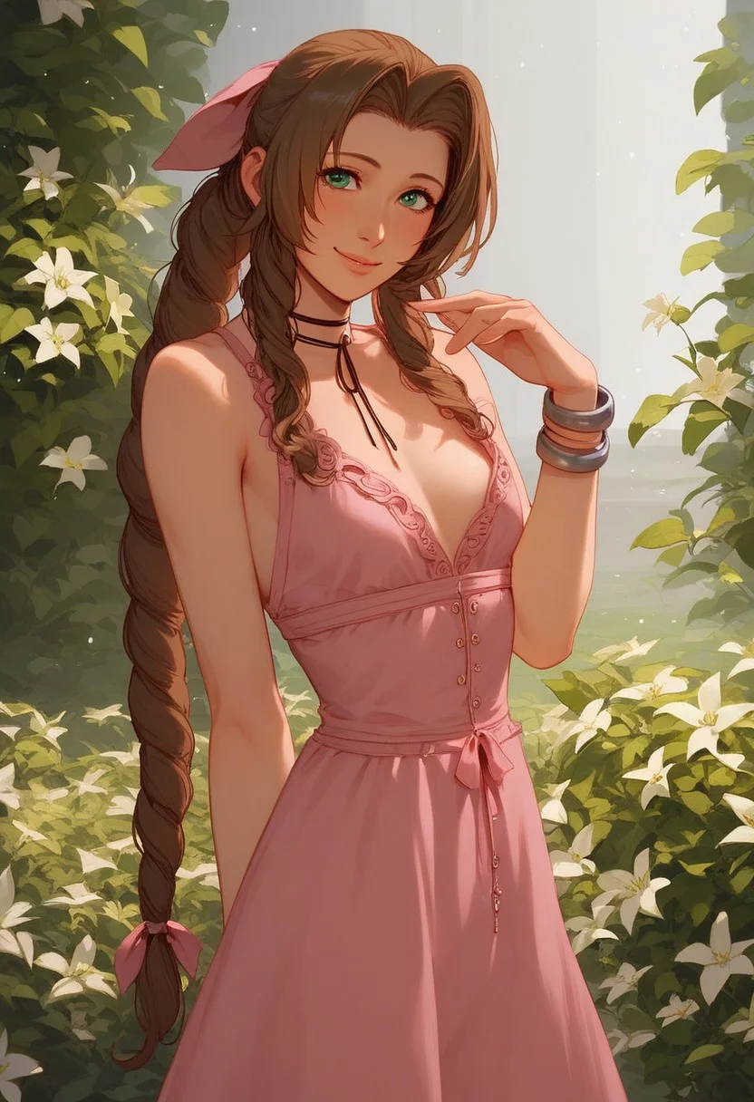 score_9, score_8_up, score_7_up, masterpiece, high quality, ultra detailed, absurdres, Expressiveh,  negative_hand, g0thicPXL, neon BREAK 1girl, Aerith Gainsborough, brown hair, braided ponytail, long hair, green eyes, hair ribbon, NoJacketAerith, bow, choker, long pink dress, boots, brown hair, braided ponytail, long hair, green eyes, hair ribbon, small breasts BREAK standing, posing, sexy BREAK flower garden, flower bed, flowers, smile, shy