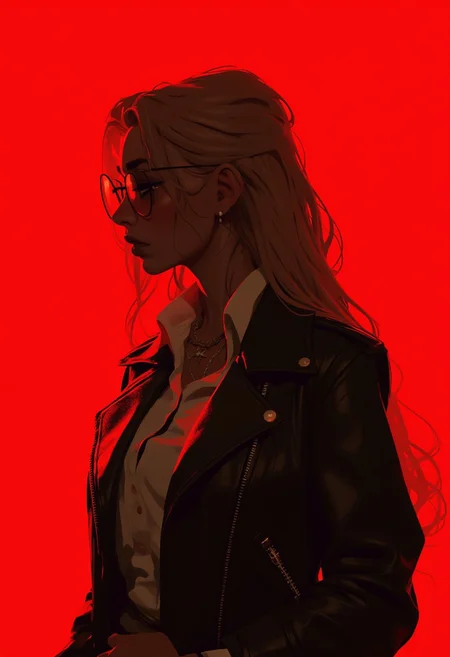 xijie_mihuan, art by incase, concept art,close-up, cinematic shot of a young beautiful and brave woman,solo,unbuttoned leather jacket,Feminine Pose,sunglasses,red background,red light,Low fade hair,Realistic,Dark,soft light,contest winner,Best quality,fantasy,located artistic,holy,epic atmosphere,highly contrasted,luxurious sharp focus,complex artistic color composition,luxurious,dynamic composition,