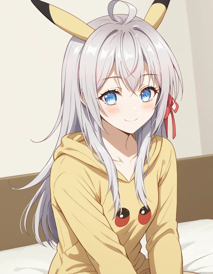 score_9, score_8_up, score_7_up, source_anime, alisamikhailovnakujou, <lora:alisa-mikhailovna-kujou-alpha-ponyxl-lora-nochekaiser:1>, alisa mikhailovna kujou, long hair, bangs, blue eyes, hair ribbon, ahoge, grey hair, red ribbon,, <lora:pikachu-cosplay-ponyxl-lora-nochekaiser:1>, pikachucosplay, pikachu \(pikachu\), character print, hood, hoodie, yellow hoodie,, bed, bed room, smile, blush, wariza, sitting,, cowboy shot, dutch angle, solo,