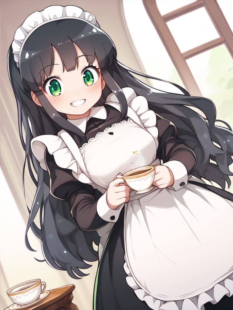 score_9, score_8_up, score_7_up, source_anime, maid, 1 girl, green eyes, black hair, long hair, dress, smile, cute, grin, blush, tea cup, warm light, dutch angle, cowboy shot, royal bedroom background, <lora:Shikoripa-000008:1>