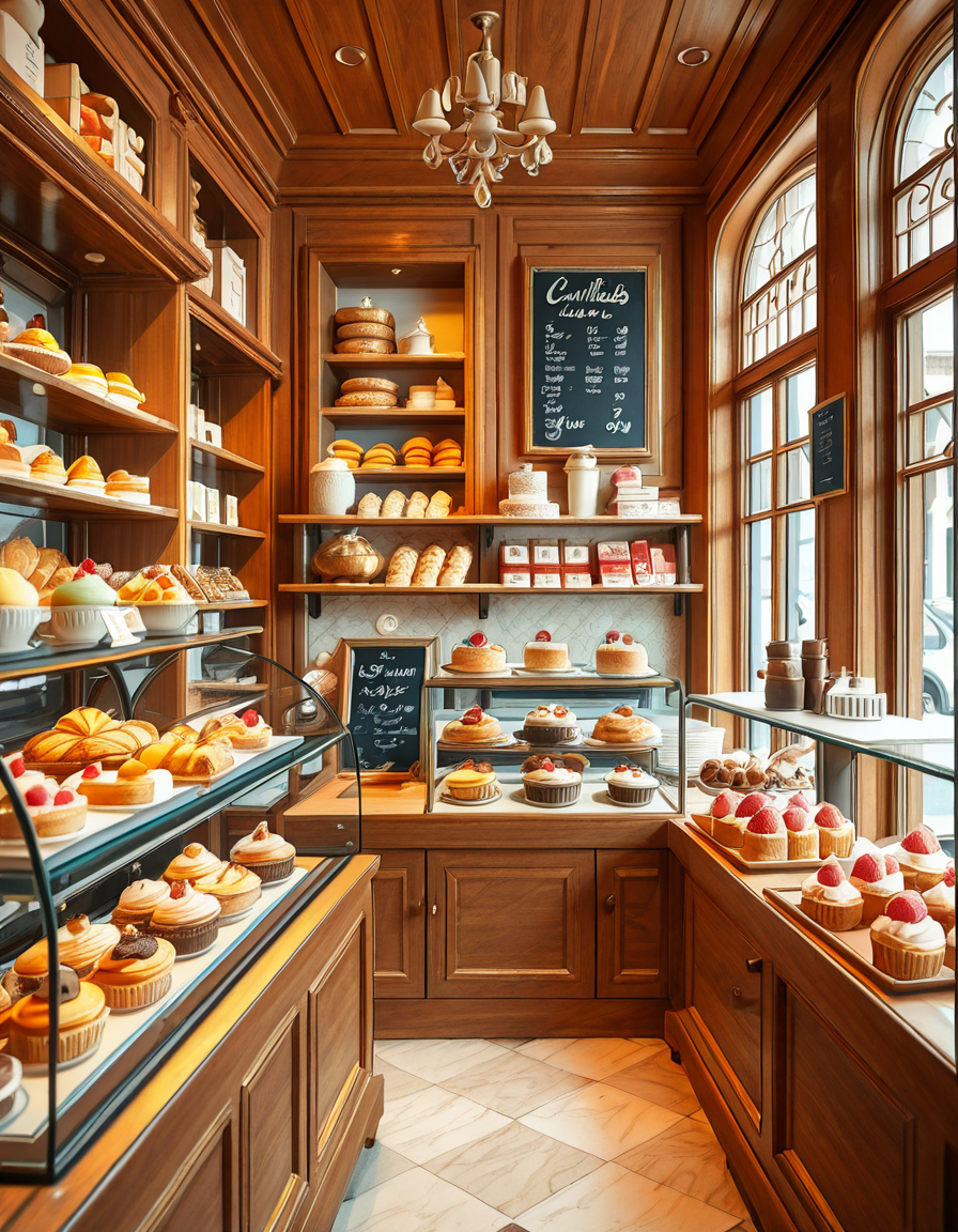 A beautifully designed, elegant pastry shop with a luxurious European-inspired aesthetic. The interior features intricate moldings, high ceilings, and large arched windows that allow natural daylight to stream in, casting a soft glow over the polished marble floors. The walls are adorned with pastel-colored wallpaper, delicate gold accents, and vintage-style framed paintings of pastries and tea sets.
The centerpiece of the shop is a long glass display case filled with an exquisite assortment of pastries, including colorful macarons, delicate éclairs, fruit tarts with glistening glaze, and elegantly decorated cakes with intricate sugar flowers. Behind the counter, shelves lined with neatly arranged boxes of artisanal chocolates, fine teas, and jars of homemade jam add to the refined atmosphere. Crystal chandeliers hang from the ceiling, casting a warm golden light that reflects off the glass surfaces.
Small round tables with marble tops and wrought iron chairs are arranged neatly throughout the space, each set with fine porcelain teacups and decorative napkins. A large antique-style clock hangs on the wall above a wooden shelving unit filled with fresh baguettes and croissants resting in woven baskets. The air is filled with the inviting scent of fresh-baked pastries, vanilla, and rich espresso.
In the background, a grand espresso machine with polished brass fittings sits atop a marble counter, next to a beautifully arranged tiered cake stand displaying freshly made confections. A large, arched doorway with a carved wooden frame leads to a cozy back room with additional seating and a vintage-style menu board showcasing the shop's specialties written in elegant calligraphy. The entire setting evokes a sense of refinement, charm, and indulgence, with a warm and welcoming ambiance.
<lora:SDXLFaeTastic2400:0.4> <lora:extremely_detailed:0.4> extremely detailed, <lora:elegant_p4stry_sh0p_illus:1>,elegant p4stry sh0p, Masterpiece,best quality,hi res,8k,hi res,8k,award winning,(sharp focus, intricate, highly detailed),