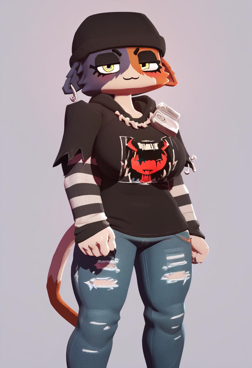 zPDXL, score_9,score_8_up,score_7_up,_up,source_cartoon, best quality, amazing quality, masterpiece, cores void,  <lora:CoresVoid:1>, square head, 1girl, furry female, looking at viewer, solo, fullbody, cute, blush, smile, <lora:MeowSkulls:0.8>, meow skulls, cat girl, yellow eyes, blue-orange-white fur, cat tail, Ñat ears, barefoot, jeans, torn clothes, black hoodie, black beanie, striped sleeves, earring,huge filesize, gradient background, thick thighs, steaming body, shiny, shiny skin, breath, huge breasts,