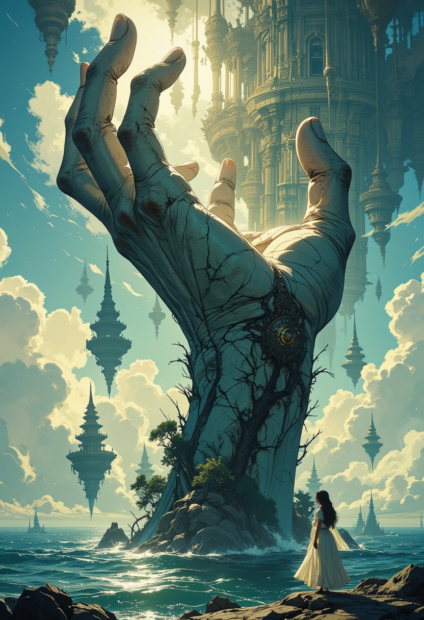 Ethereal dreamscape, surreal and haunting. A massive hand made of cracked marble reaches out of an endless ocean, grasping at a sky filled with floating, inverted temples. A lone figure in a flowing white dress stands on the water’s surface, gazing up at the impossible scene.