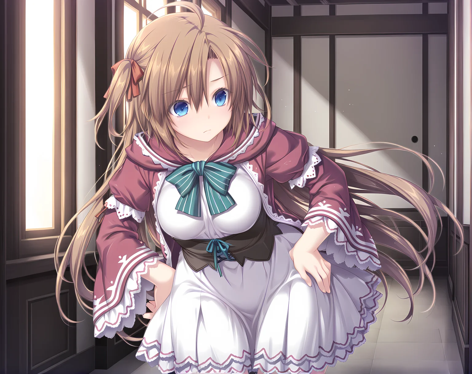 <lora:Shuri_Leyssen:0.8>,solo,shuri,brown hair,medium breasts,very long hair,hair ribbon,blue eyes,hair between eyes,ahoge,base outfit,standing,hand on own hip,, masterpiece,best quality,amazing quality, very aesthetic, absurdres,detailed eyes,ultra-detailed,
