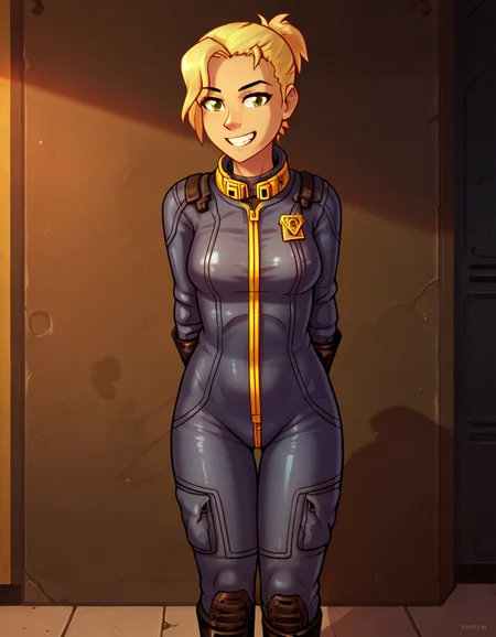 score_9,score_8_up,score_7_up,score_6_up,source_anime BREAK 1girl,solo,sarahfnv, <lora:SarahFNVPony:0.95>,short ponytail,jacket,uniform,bodysuit:0.7,yellow collar,boots,standing,smiling,:d,in concrete room,no windows,arms behind back