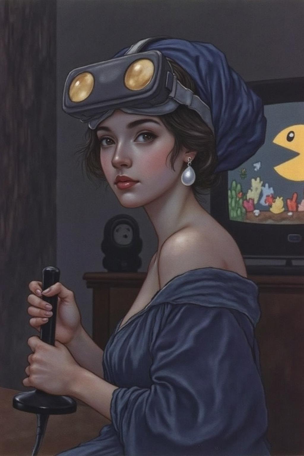 charob1 illustration.
A young woman turned slightly toward the viewer, She wears a deep blue VR Headset with golden yellow lenses draped elegantly over her head, complementing her smooth, glowing complexion. Her gaze is soft yet piercing, and her slightly parted lips add an air of mystery. She is wearing a VR Headset over head. She also hold a joystick in her hand. There is a TV monitor behind her displaying Pacman. A single, luminous pearl earring hangs from her ear, catching the light and drawing attention to her delicate features. The background is dark and muted, creating a dramatic contrast that emphasizes her presence and the subtle interplay of light and shadow on her face and attire. The overall atmosphere is intimate and serene, with a masterful balance of detail and simplicity 
  <lora:charob1_cap_d6a3e11:1.0><lora:824702651045494928:0>
