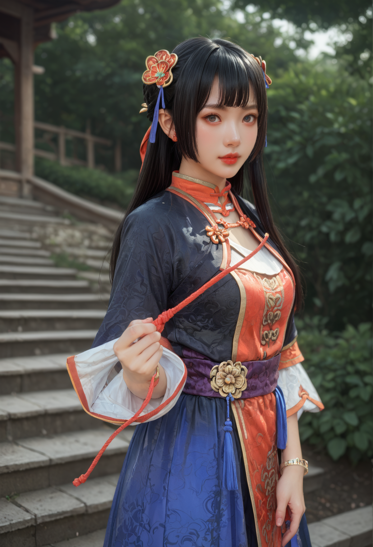 score_9, score_8_up, score_7_up, She stands with one foot on a step, tying her shoelace., <lora:Daqiao_Dynasty_Warriors:0.8> 1girl, solo, black hair, long hair, hair ornament, chinese clothes, jewelry, bracelet, half body shot, looking at viewer