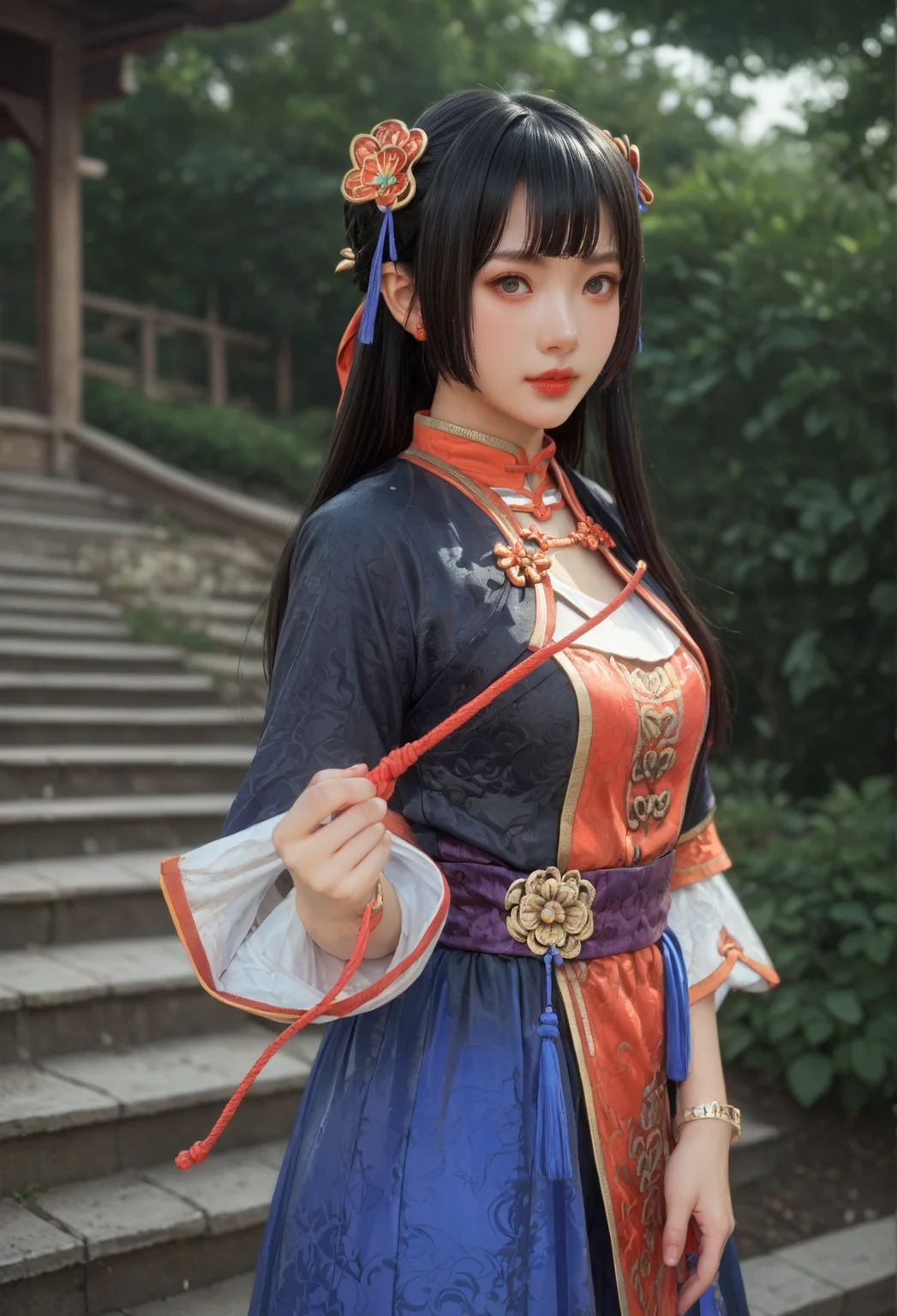 score_9, score_8_up, score_7_up, She stands with one foot on a step, tying her shoelace., <lora:Daqiao_Dynasty_Warriors:0.8> 1girl, solo, black hair, long hair, hair ornament, chinese clothes, jewelry, bracelet, half body shot, looking at viewer