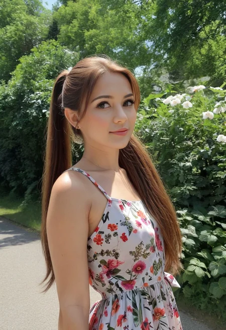 28yo girl, pretty, brown long hair, ponytail,(flower printed summer dress)