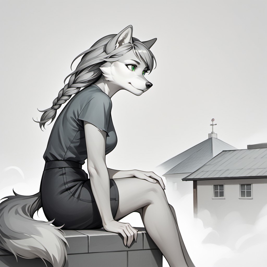 score_9, score_8_up, score_7_up, score_6_up, wlineartstyle, female Anthro wolf, White Cheeks, gray fur, green eyes, beautiful eyes, wolf tail, Gray Long Hair, Swept Bangs, Gray Twinbraids, sitting on a rooftop, golden hour, windy, ArsMJStyle, Expressive Watercolor Ink Wash, Minimalism
Sketch
Greyscale
Stylized
Neg, grey background