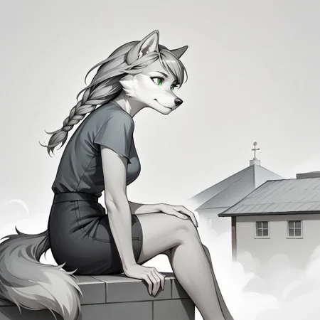 score_9, score_8_up, score_7_up, score_6_up, wlineartstyle, female Anthro wolf, White Cheeks, gray fur, green eyes, beautiful eyes, wolf tail, Gray Long Hair, Swept Bangs, Gray Twinbraids, sitting on a rooftop, golden hour, windy, ArsMJStyle, Expressive Watercolor Ink Wash, Minimalism
Sketch
Greyscale
Stylized
Neg, grey background