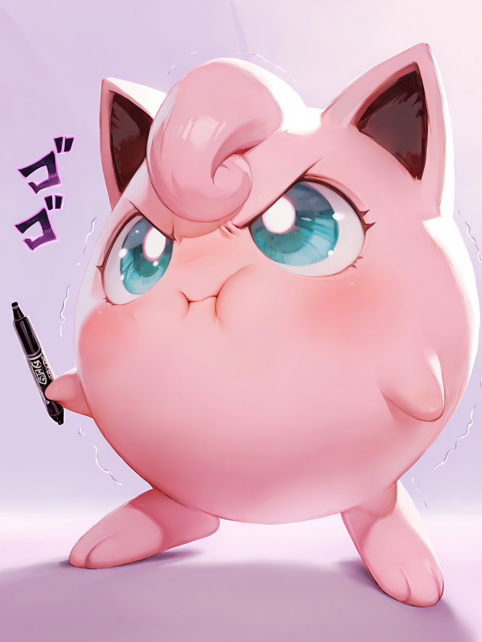 (masterpiece, best quality, very aesthetic, absurdres, highres:1.2), incredible lighting, (jigglypuff, pokemon, round body, puffed cheeks, holding marker, angry:1.2),  dynamic pose, glowing red eyes, menacing stare, jojo pose, rumbling sound fx, <lora:illustriousXL_stabilizer_v1.7:1>, iconic scene, cinematic, cowboy shot, <lora:NOOB_vp1_detailer_by_volnovik_v1:1>, painterly style,  <lora:anmiXLillokrV53P1:0.4>,  <lora:reikolokr_for_illustrious:0.4>,  <lora:10_AESTX:0.4> aestx, brushstroke \(medium\), low angle